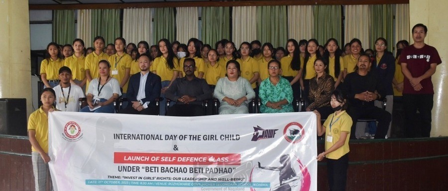 DC Kohima Shanavas C IAS with officials and students at the launching programme of self-defence class at Rüzhükhrie Govt Hr Secondary School, Kohima on October 11. (DIPR Photo)